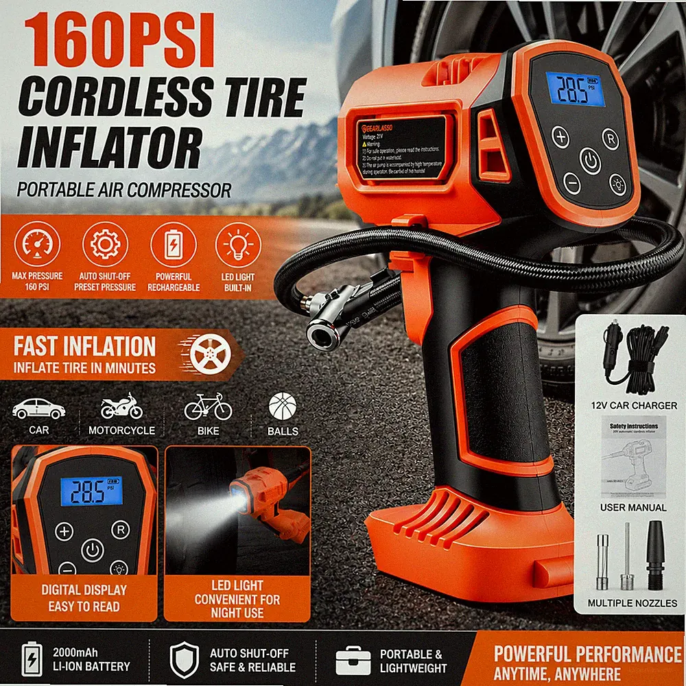 160PSI Cordless Tire Inflator Portable Air Compressor Car Tire Pump w/ LED Light