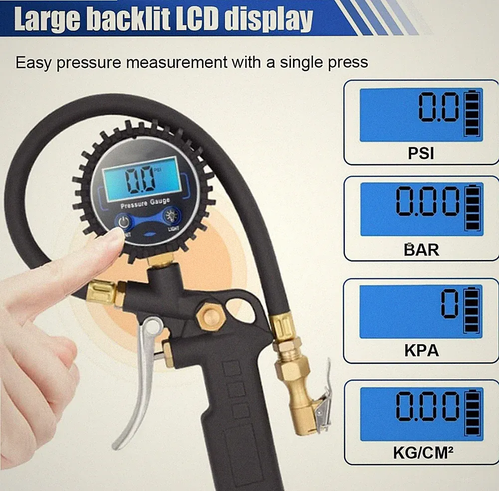 Digital Tire Pressure Gauge Inflator 250 PSI Heavy Duty Air Chuck Compressor