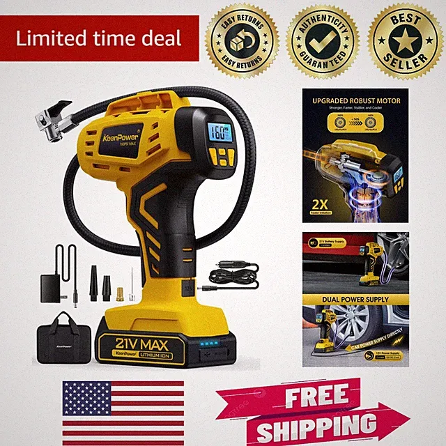 Effortless Tire Inflation with 21V Cordless Air Compressor & Automatic Shut-off