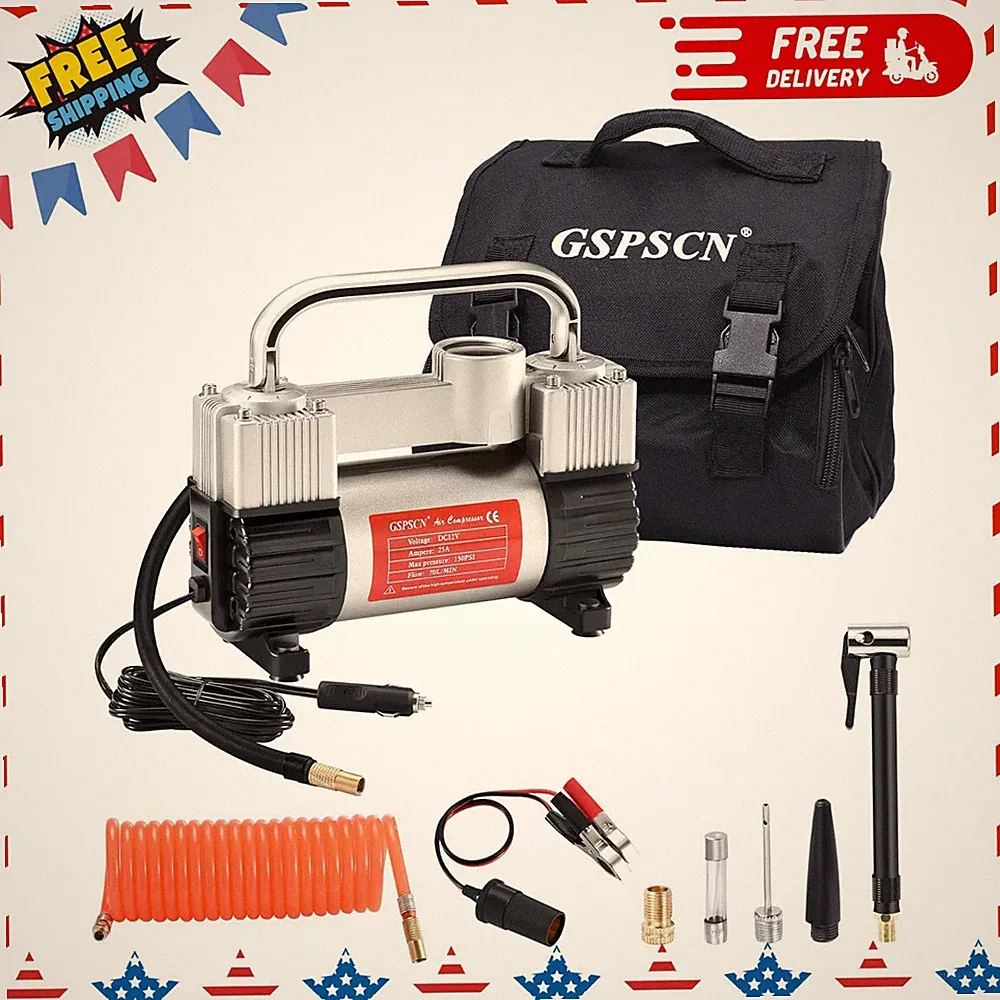 Silver 12V Tire Inflator, 150PSI, Heavy Duty Air Compressor with Bag & Adapter