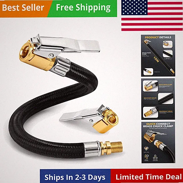 Tire Inflator Hose 12" Locking Air Chuck Quick Connect Universal Pump Adapter